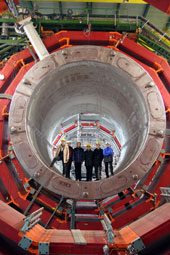 Members of the CERN CMI group and Saclay standing in the CMS vacuum vessel