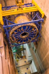 The TPC is being lowered into the ALICE experimental cavern with extreme care.