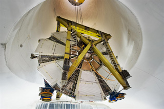 Lowering of one of the two ATLAS muon small wheels into the cavern